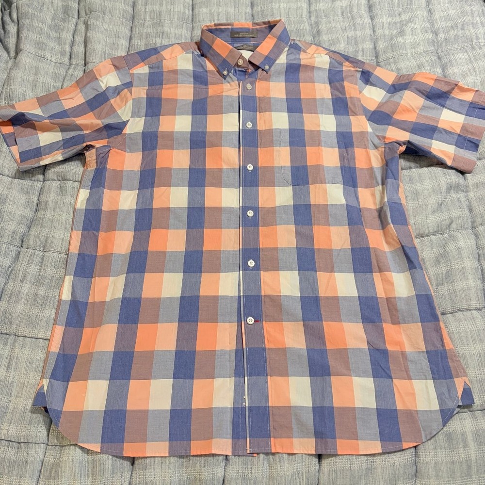 Daniel Cremieux Shirt Short Sleeve Plaid Mens L Orange Blue Signature Preowned